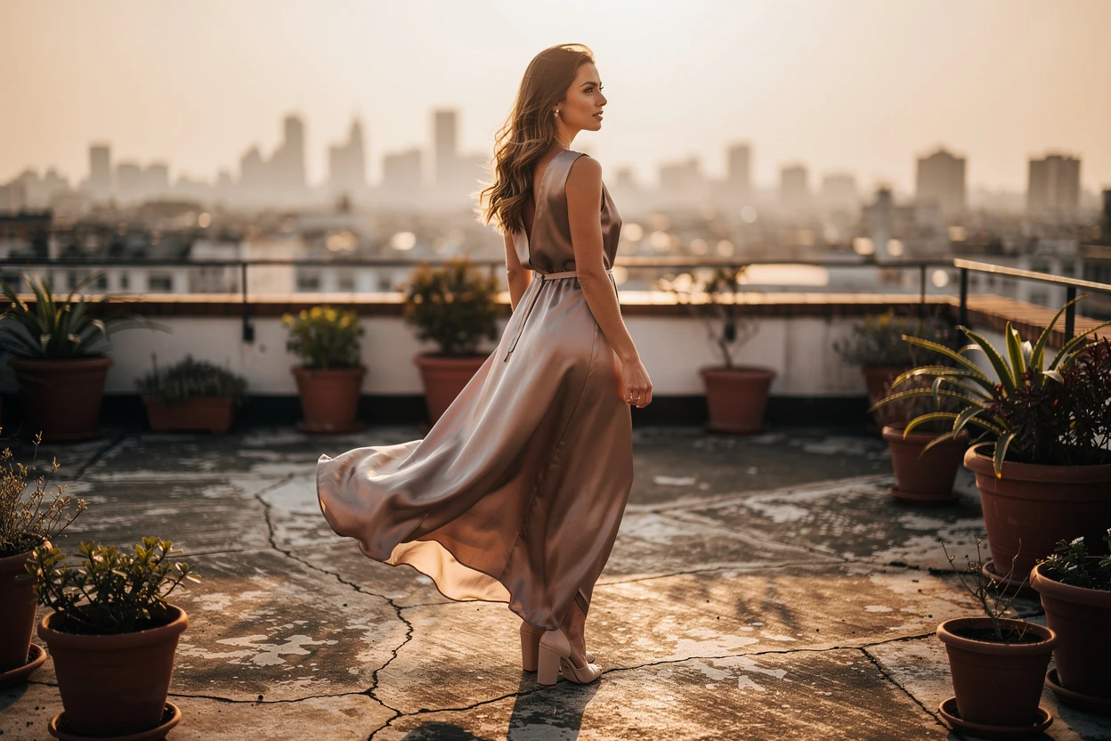 De l’aéroport au rooftop : voyager stylée en robe satin sans compromis