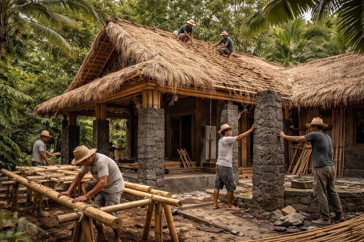 Rénover un bien immobilier à Bali avec matériaux locaux bambou, pierre volcanique et toitures alang