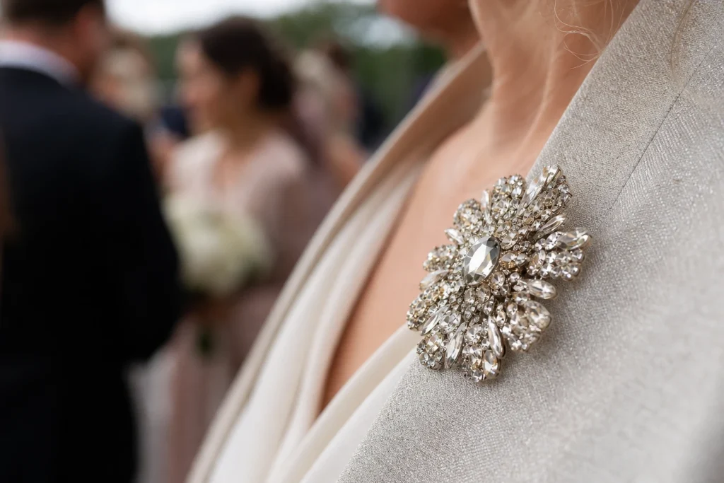 Mariée, témoin, invitée : la broche pailletée s’invite dans tous les rôles du grand jour