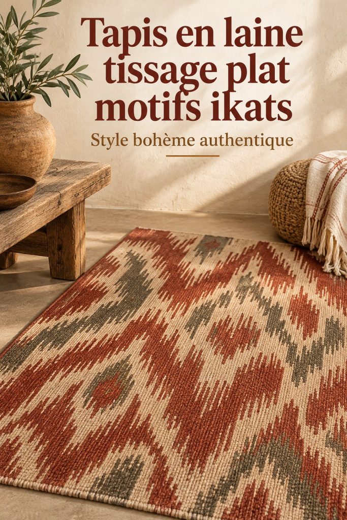 Tapis en laine coloré avec motifs ikats tissés à la main, typique de la culture balinaise.